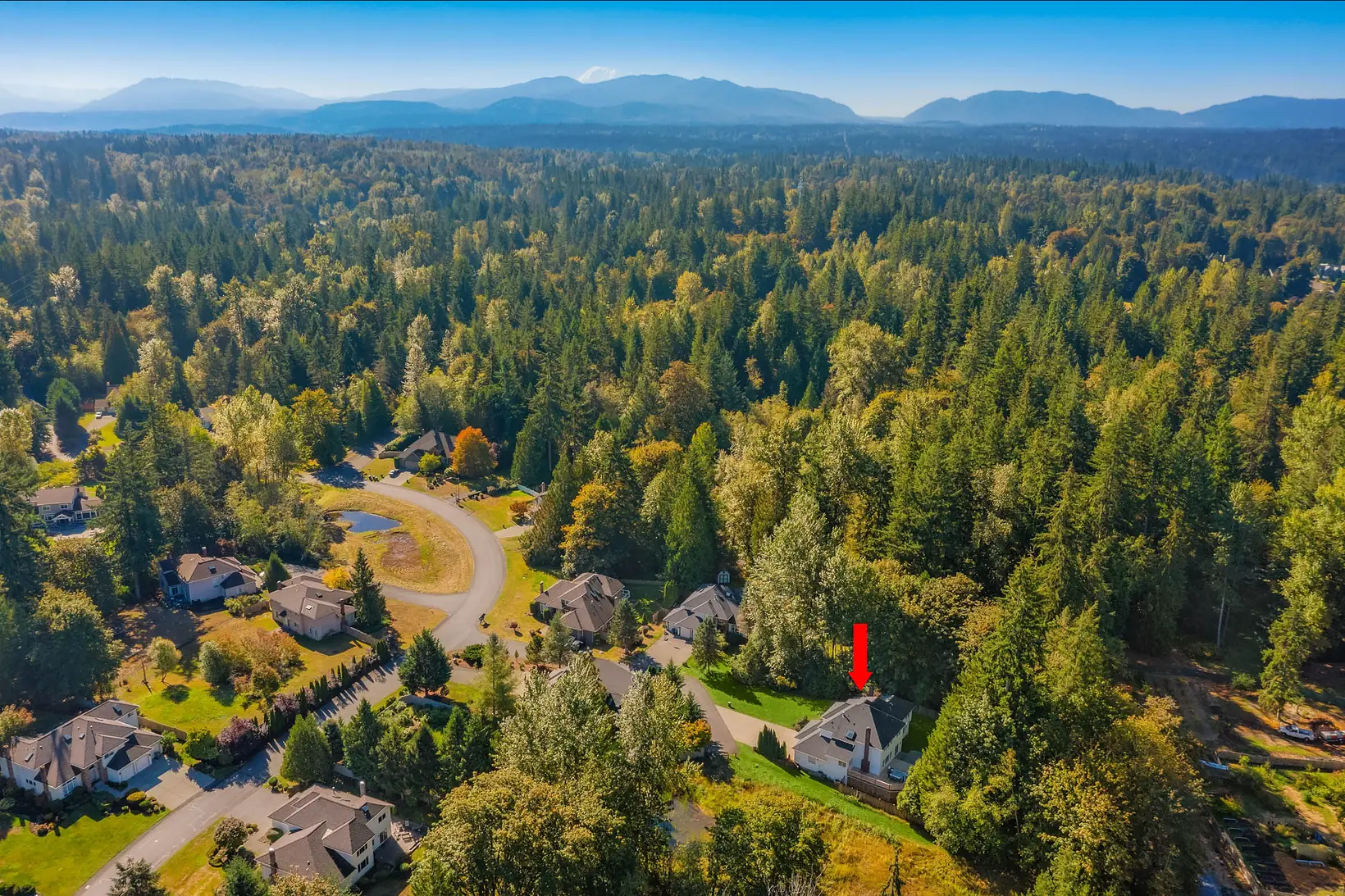 Aerial view of Elm Tree Lane with 7229 245th Way NE marked, backing onto forest and open space with the Cascades beyond
